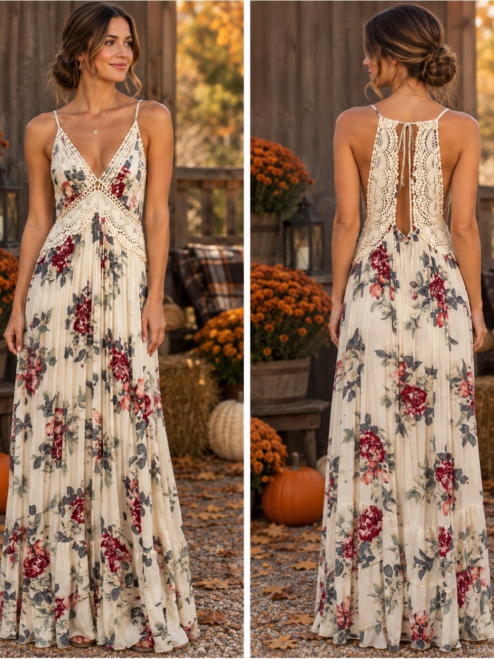 NWT Floral Crochet Lace Open Back Maxi Dress Romantic Boho Cottagecore